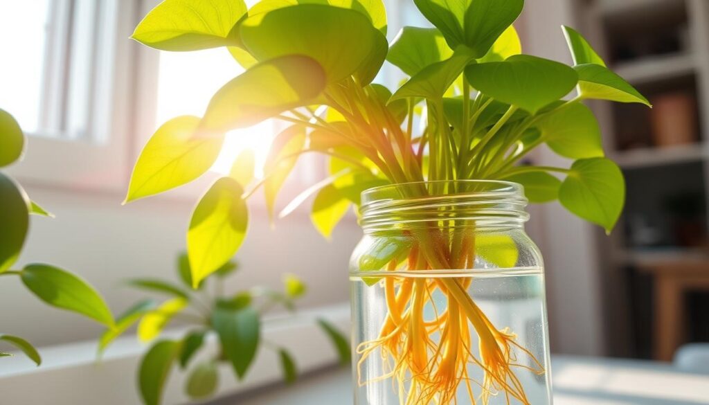 Healthy pothos plant in water