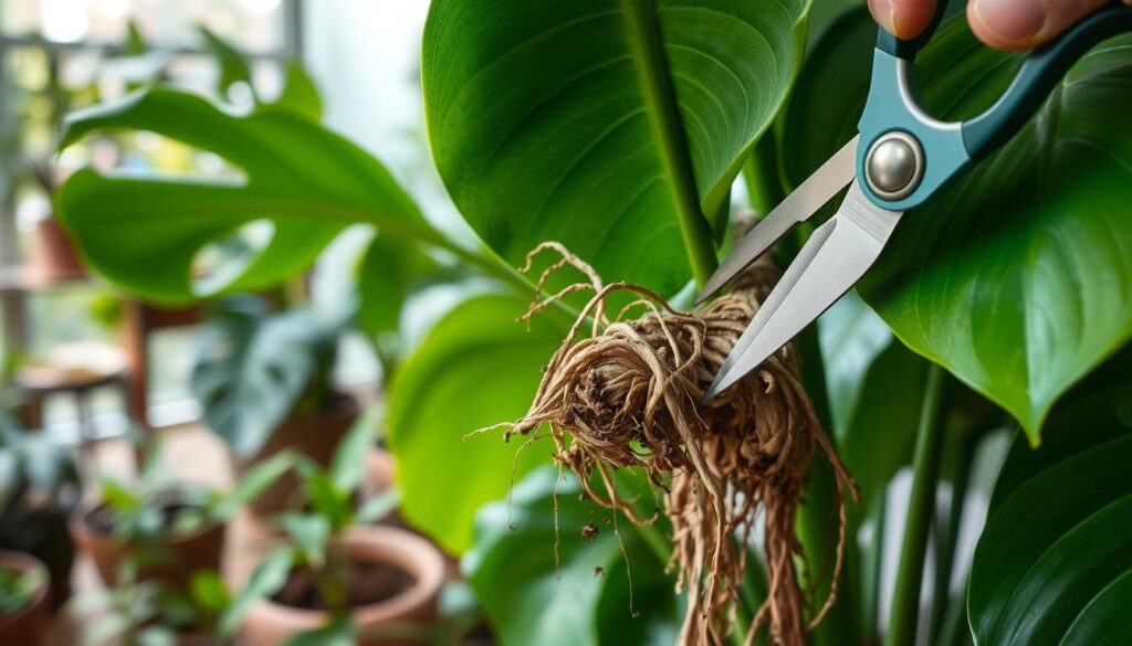 Monstera aerial root pruning