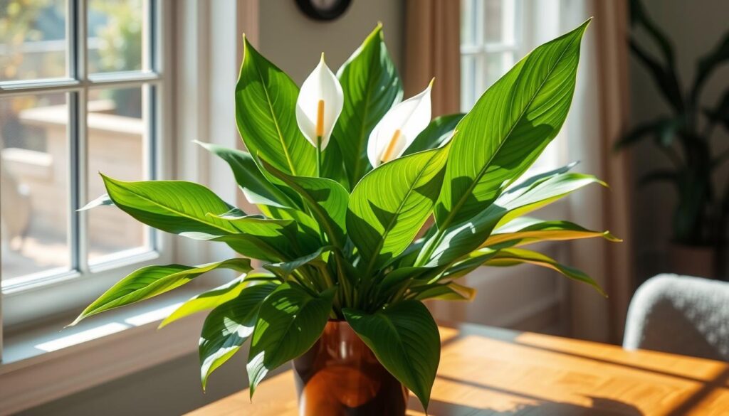 Peace lily in filtered sunlight