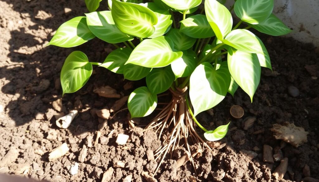 Pothos plant in soil