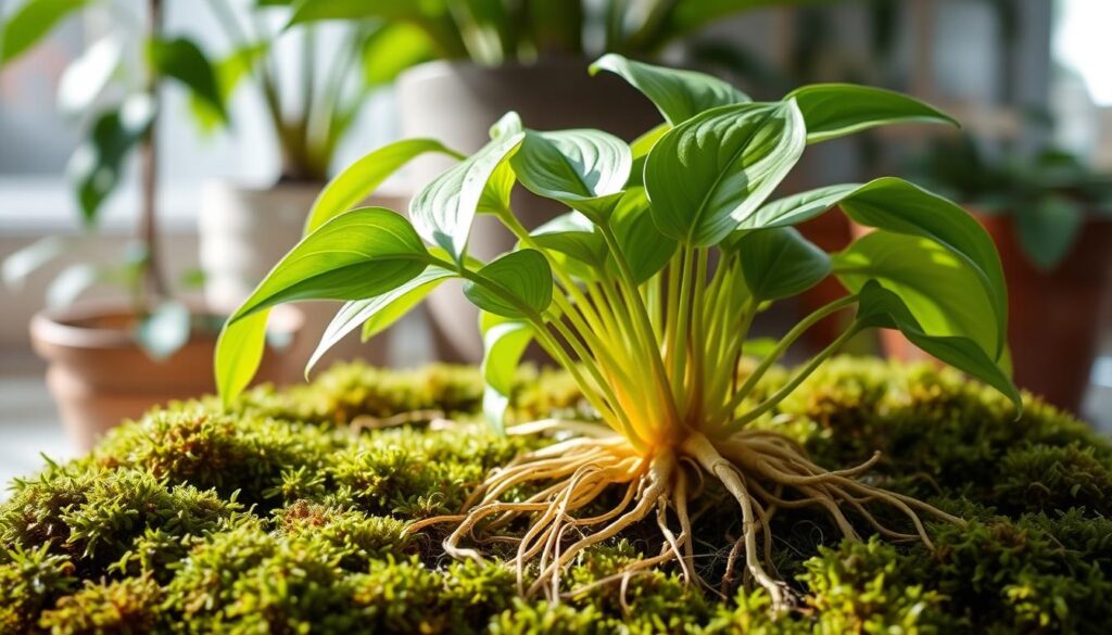 Pothos plant propagated in sphagnum moss