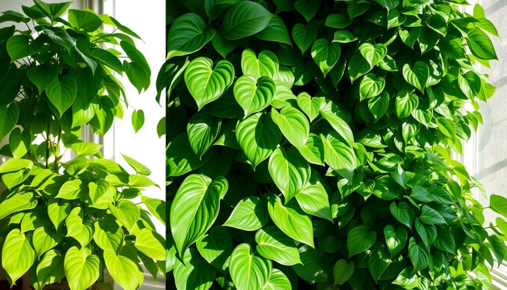 Pothos plants in different light conditions