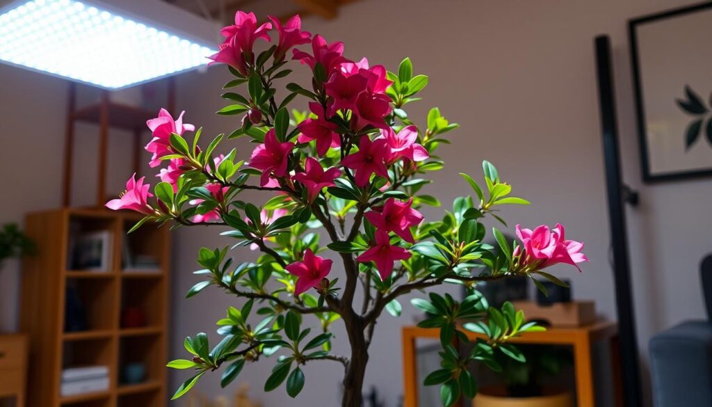 azalea bonsai under LED grow light