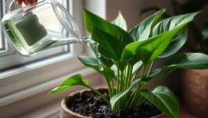 watering a peace lily