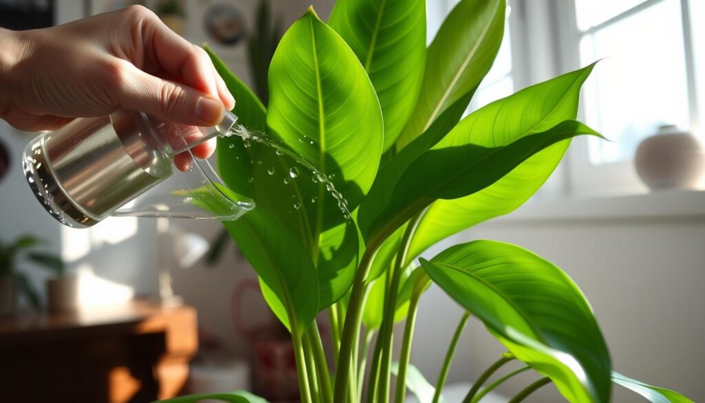 watering rubber plant